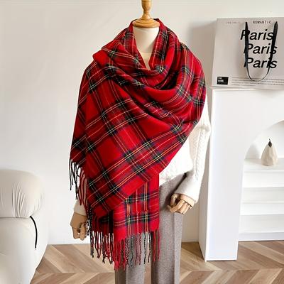 TEMU Elegant Red Scarf For Women - Extra Long, Oversized Tassel Shawl, Warm & Polyester Outdoor Wrap