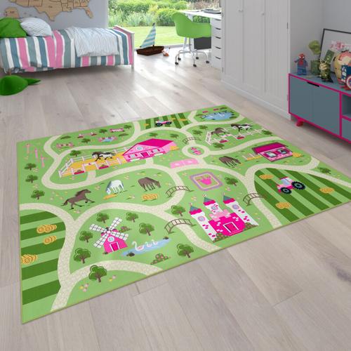 Kinder-Teppich Für Kinderzimmer, Spiel-Teppich Mit Landschaft und Pferden, In Grün 100x200 cm