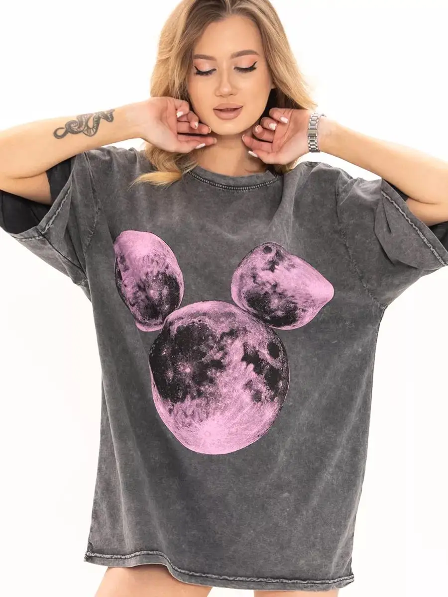 Baumwolle Gewaschen T-shirt für Frauen Rosa Planet Druck Tops Lose Oansatz Übergroßen T Y2k Weibliche Kleidung Vintage Kurzarm
