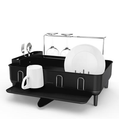 Steel Frame Kitchen Dish Drying Rack with Swivel Spout Drain - Black