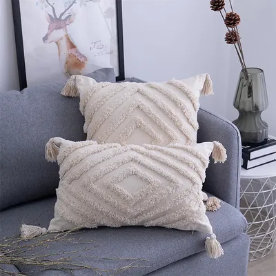 Sofa Wohnzimmer Dekoration hand gefertigte gewebte Kissen bezug beige Quasten Kissen bezug Image