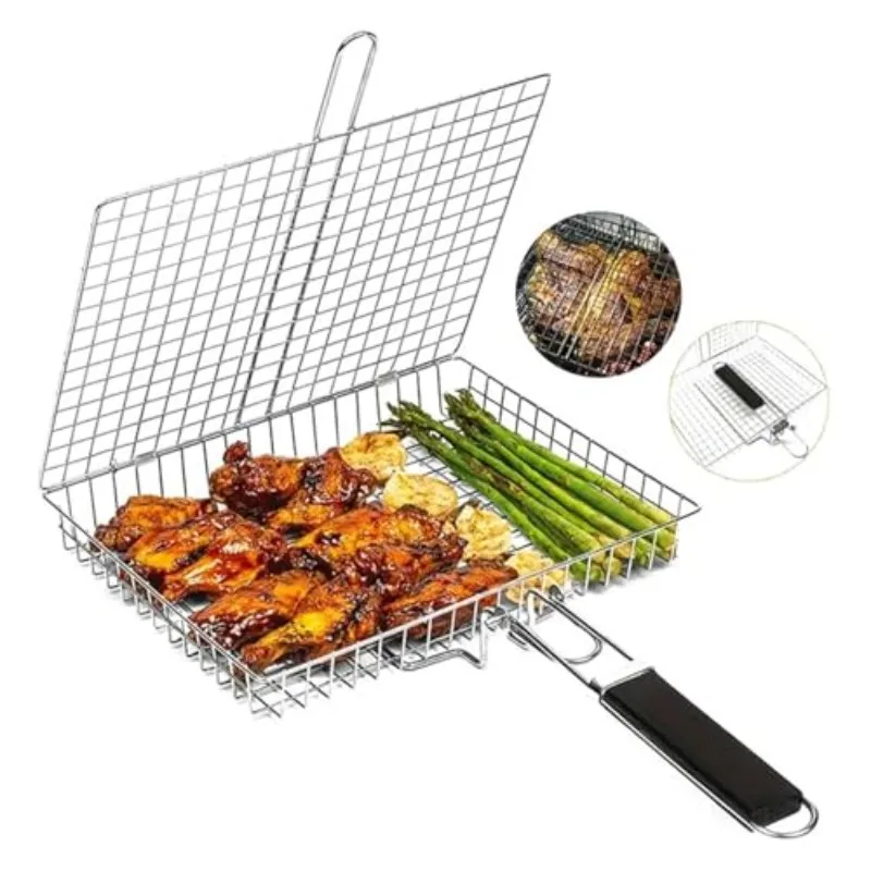 Tragbare Grillreihe, zusammenklappbar, Edelstahl, Grillnetzplatte, gegrilltes Fisch, Gemüse, Garnelen, Grillnetz, Kochzubehör Image
