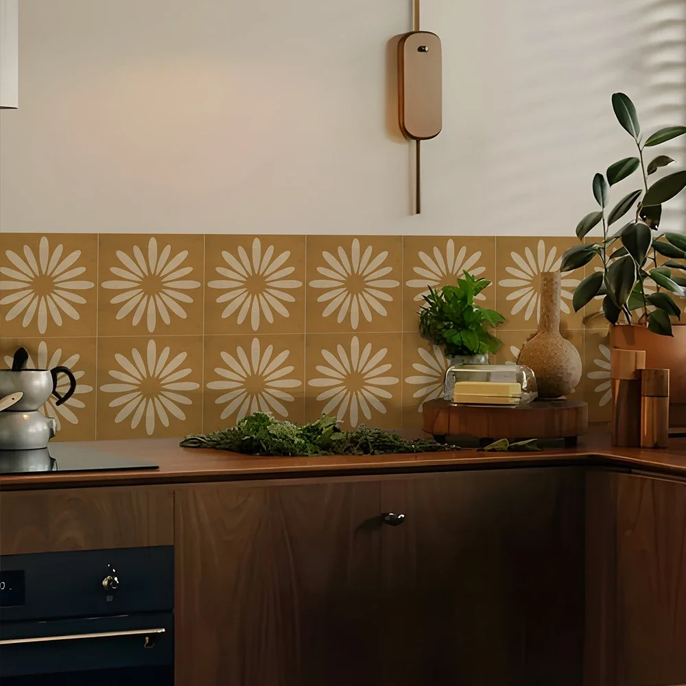 10 Stück harte Fliesen, gelbe Sonnenblumen-Wandaufkleber, flach bedruckt, für Küche, Badezimmer, Dekor, zum Abziehen und Aufkleben, PVC-Kunstwandbild