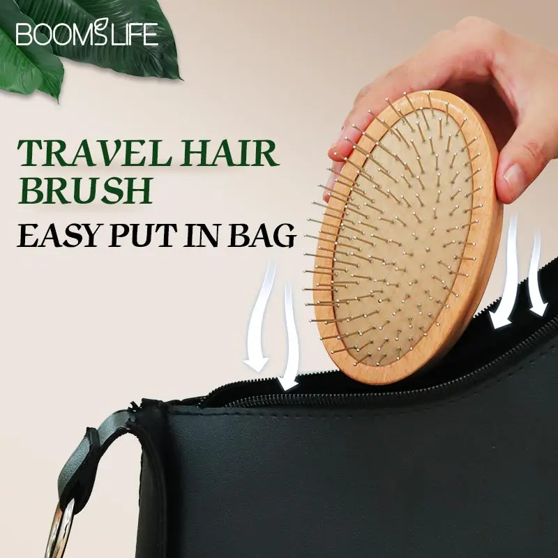 Kopf massage Stahl Haar bürste Frauen Mini Tasche Haarkamm Airbag entwirren Haar bürste mit Stahl nadel Holzkamm für Haare Image