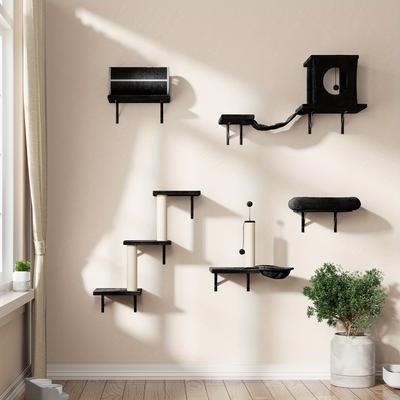 TEMU Cat Furniture Set, 7pc Wall Mounted Cat Furniture, Cat Climber With Cat House, Tunnel, Bridge, Tree, Steps, Scratcher Board And Hammock, Cat Shelves For Indoor, Walls-black