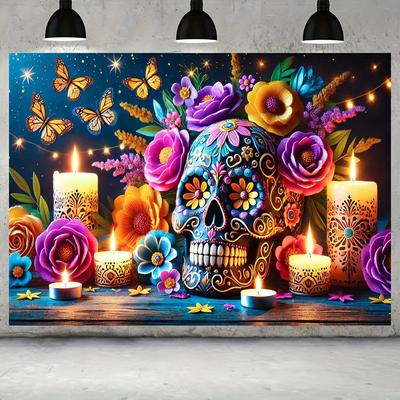 TEMU 1pc Polyester Day Of The Dead Banner - And Flowers Party Decoration, No Electricity Needed - 71x44 Inches Dia De Los Muertos Photo Backdrop