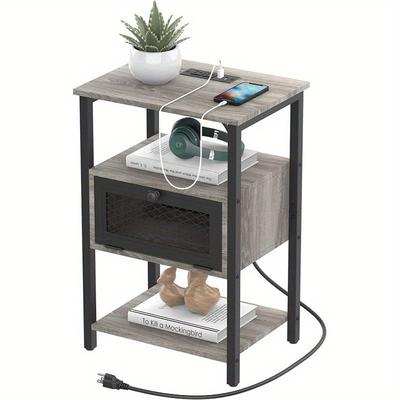 TEMU Side Table - Gray, End Table With Charging Station, Nightstand With Drawer, Bedroom Side Table With Usb Port And Socket, Grey, 30 X 40 Width X 60 Height Cm