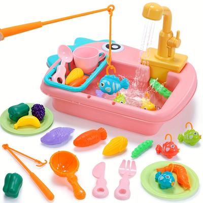 TEMU Mini Play Sink With Running Water With Automatic Water Circulation, Kids Pretend Role Play Dinosaur Dishwasher Toys For Kids, Pink