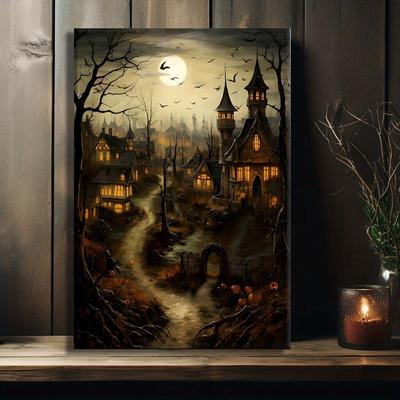 TEMU 1pc Gothic Halloween Countryside Print With Pumpkins And Castle - Vintage Farmhouse Decor For Dark Academia And Cottage Aesthetics - Canvas Painting Ready To Hang Wooden Frame - Thickness 1.5inch