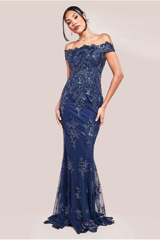 Bardot Sequin Embroidered Maxi Dress - Blue - Goddiva Dresses