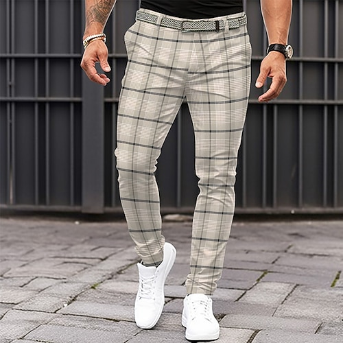 Herren Karomuster Anzughose Mittlere Taille Business-Casual Formell Alltagskleidung Tasche Sommer Frühling Herbst Beige Image