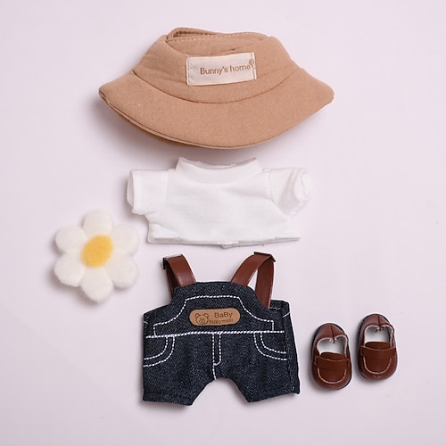 Puppenkleider-Anzug 7in/17cm ForLabubu Plüsch Puppenkleider Set Hut Top Hose Zubehör 5-teiliges Set Puppenaufmachung Hut Jeanshose rotes Hemd (OHNE Puppe)