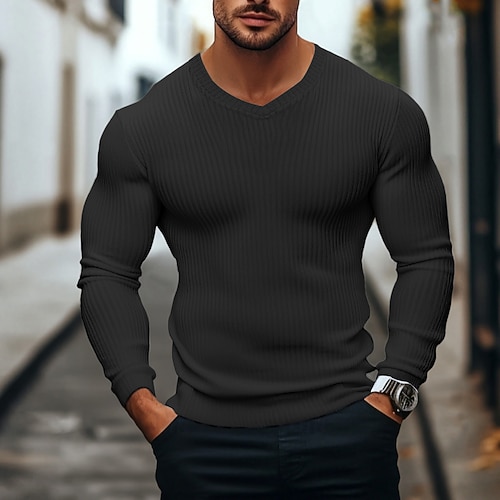 Herren T Shirt Muskelshirt Geripptes Strick-T-Shirt T-Shirt Langarm V Ausschnitt Sommer Einfach Grubenstreifen Mode Designer Basic Gerippt Urlaub Straße Ausgehen Schwarz Weiß Burgunderrot Top T-Shirt Image