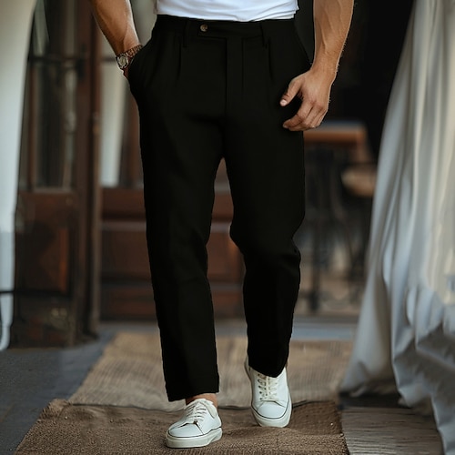 Herren Leinenhosen Chinos Einfarbig Volle Länge Hochzeit Outdoor Urlaub Elegant Urlaub Schwarz Weiß Mikroelastisch Image