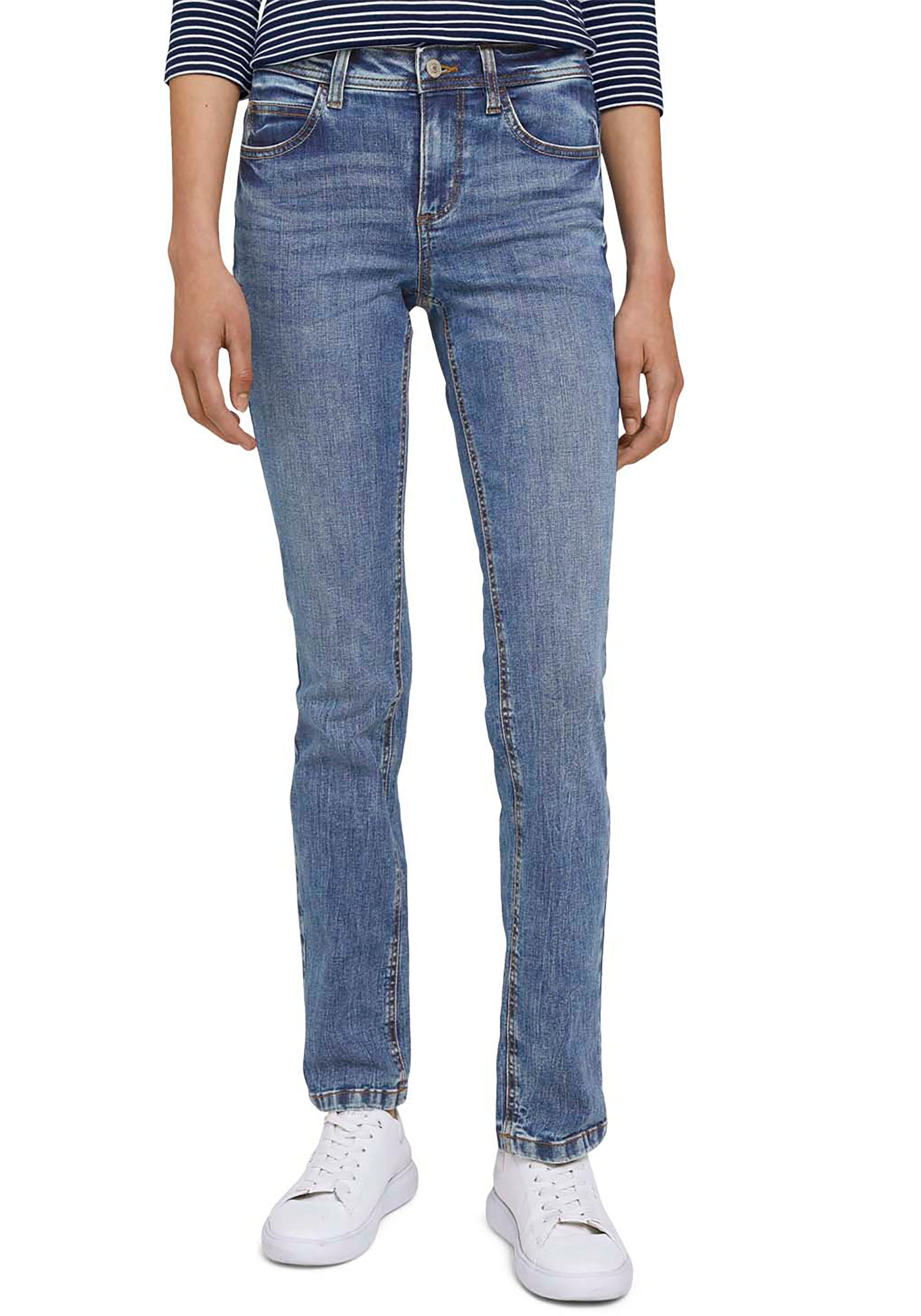 Straight-Jeans TOM TAILOR "Alexa Straight", Damen, Gr. 32, Länge 32, blau (random bleached blau), Denim/Jeans, Obermaterial: 98% Baumwolle, 2% Elasthan, unifarben, gerade lang, Jeans Straight-Jeans, in 5-Pocket-Form, Topseller