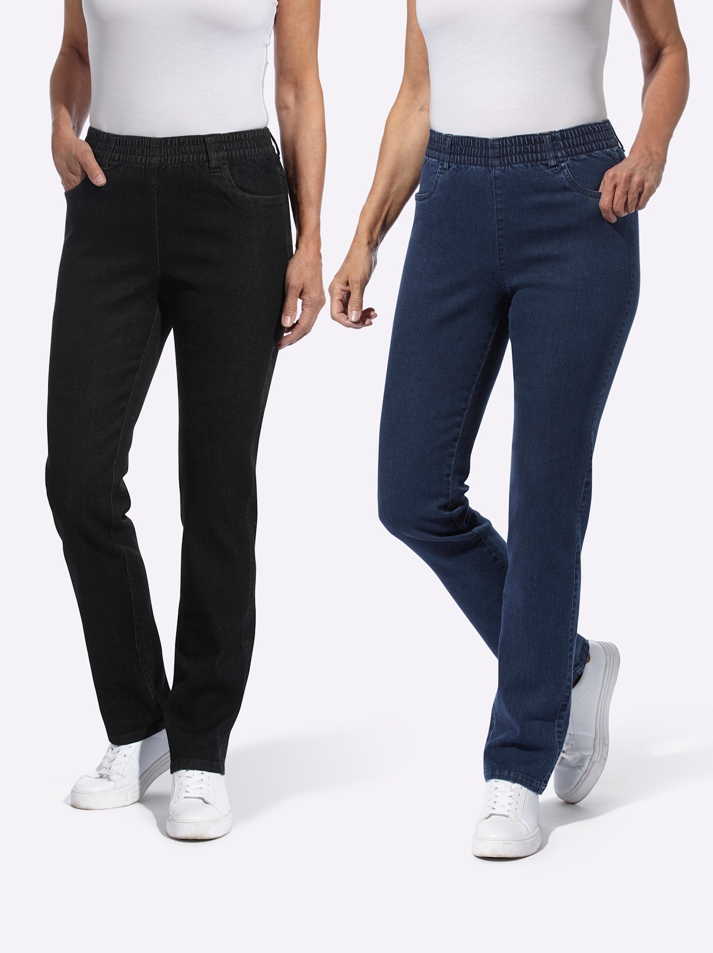 Bequeme Jeans CLASSIC BASICS, Damen, Gr. 19, Kurzgrößen, blau (dunkelblau, schwarz denim), 81% Baumwolle, 17% Polyester, 2% Elasthan, unifarben, lang, Jeans