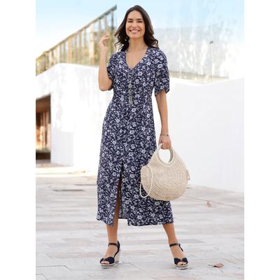 Druckkleid CLASSIC BASICS "Kleid", Damen, Gr. 48, Normalgrößen, blau (marine, hellblau, bedruckt), 100% Viskose, geblümt, gemustert, mehrfarbig, wadenlang, V-Ausschnitt, Kurzarm, Kleider Image