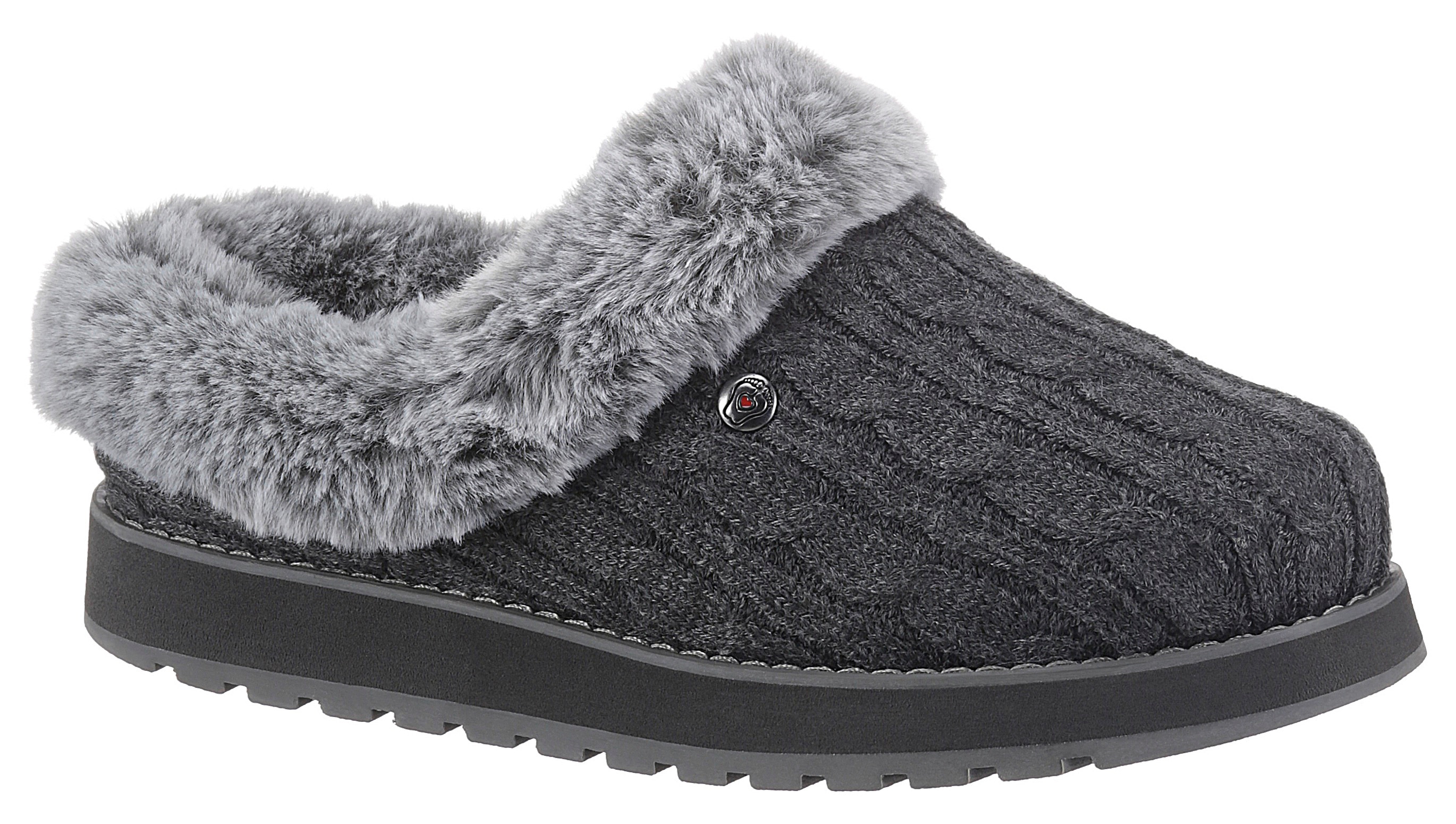 Pantoffel SKECHERS "KEEPSAKES - ICE ANGEL", Damen, Gr. 40, grau (dunkelgrau), Textil, Schuhe, Hausschuh in Strick-Optik