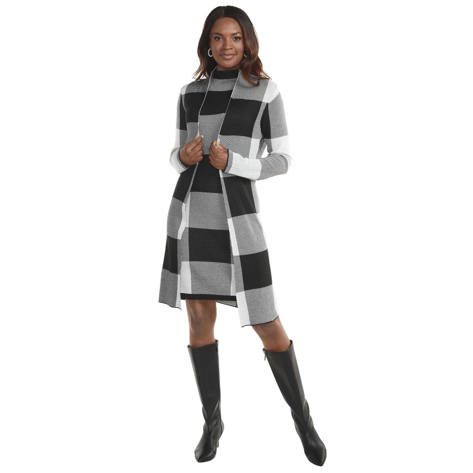 Masseys Sweater Dress & Jacket Set (Size XL) White-Black Plaid, Acrylic,Cotton