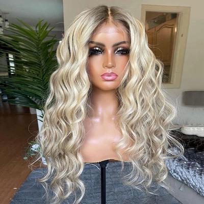 Unprocessed Virgin Hair 13x4 Lace Front Wig Middle Part Brazilian Hair Wavy Loose Curl Blonde Wig 130% 150% Density Ombre Hair Highlighted / Balayage Hair 100% Virgin Glueless Pre-Plucked For Women