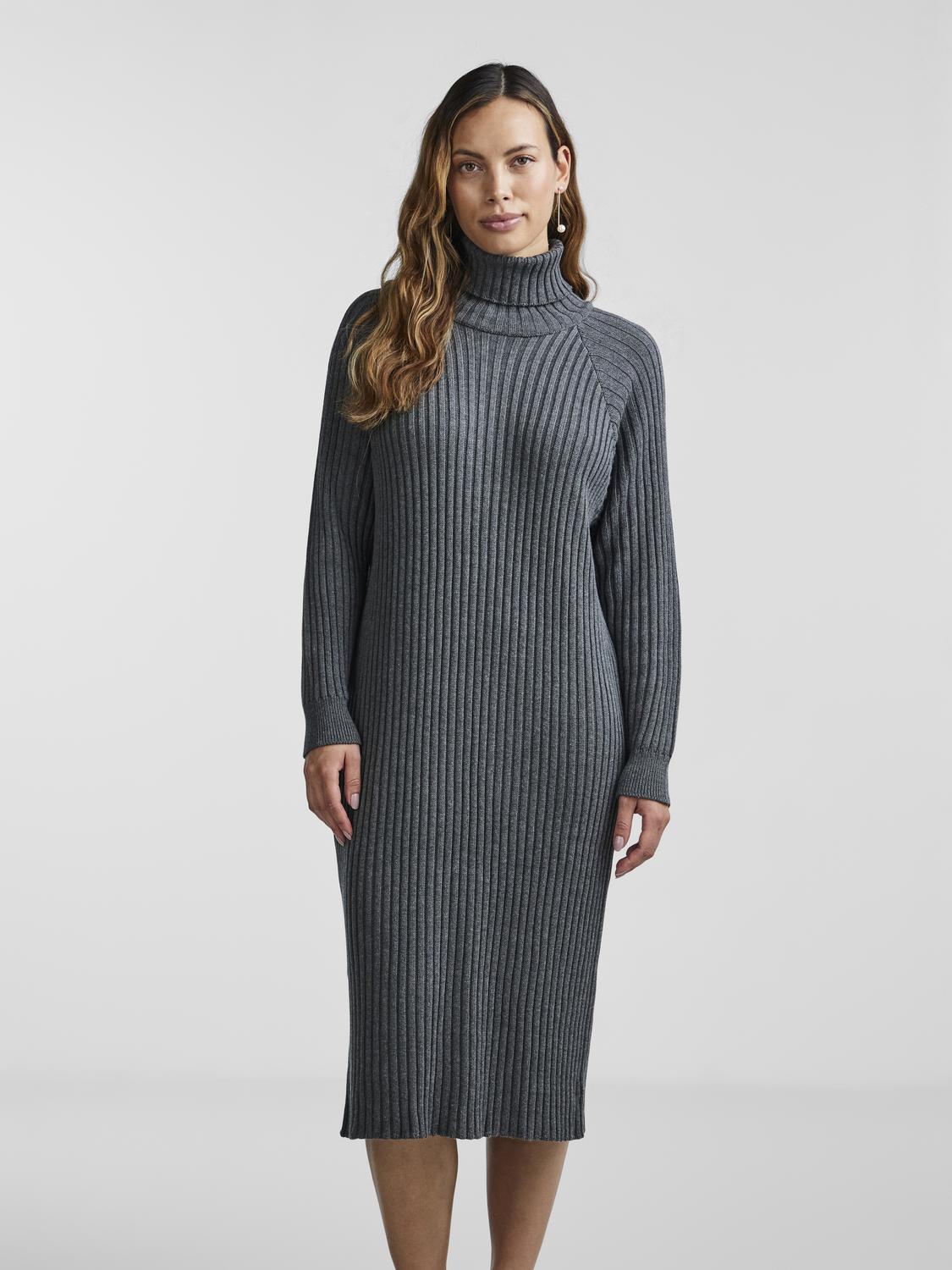 Strickkleid Y.A.S "YASMAVI KNIT MIDI ROLLNECK DRESS", Damen, Gr. L, N-Gr, grau (medium grau melange), Rippstrick, Obermaterial: 50% Baumwolle, 50% Polyacryl, meliert, Modisch, regular fit kniebedeckend, Kleider Image