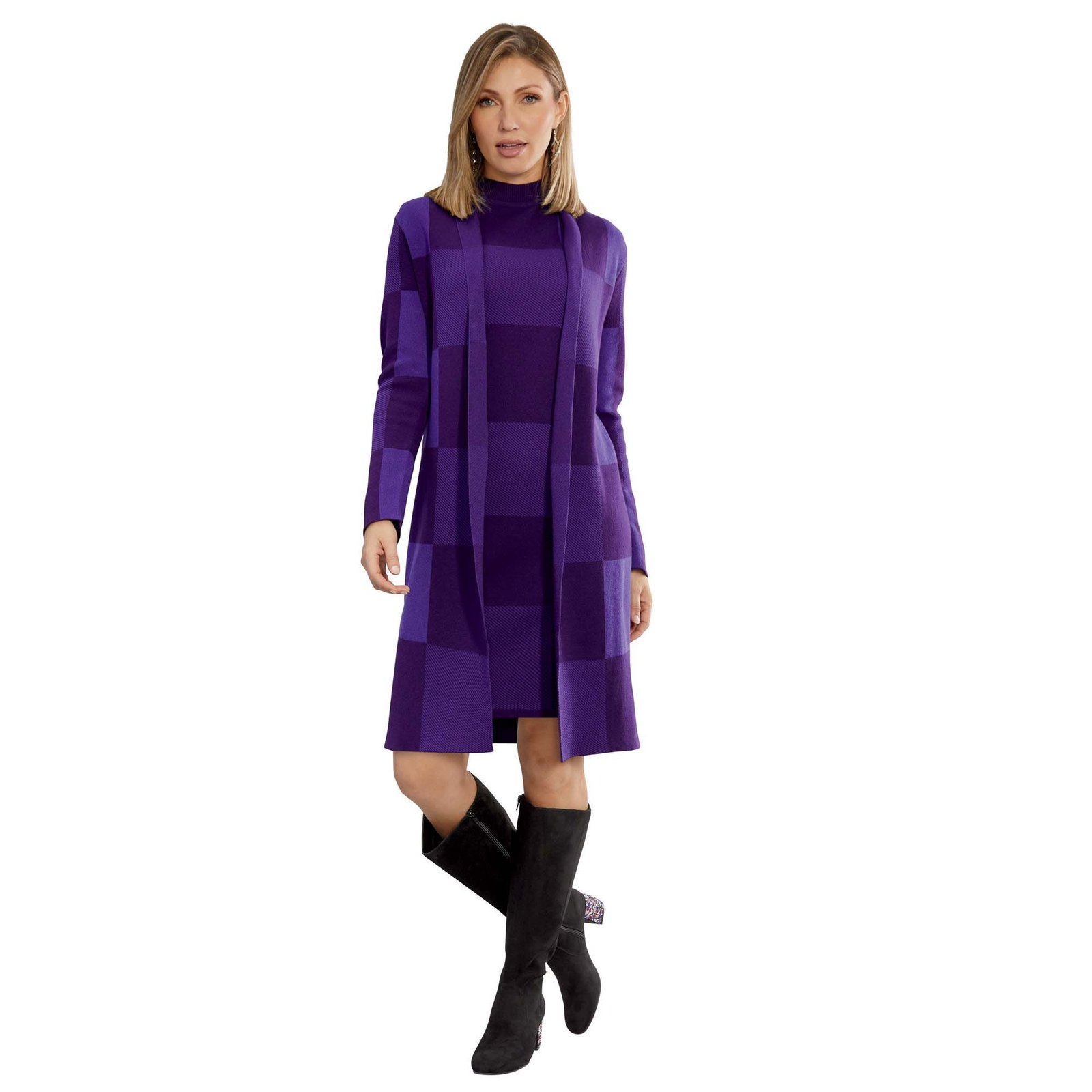 Masseys Sweater Dress & Jacket Set (Size XL) Purple/Plaid, Acrylic,Cotton
