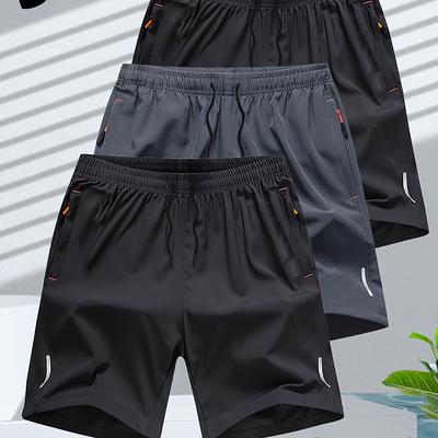 TEMU 3 Pcs Men's Solid Shorts With Zipper Pockets, Active Elastic Waist Drawstring Shorts For Summer