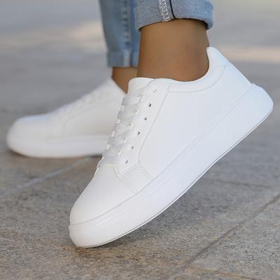 TEMU Women' Color Casual Sneakers, Lace Up Lightweight Soft Skate Shoes, Low-top White Shoes