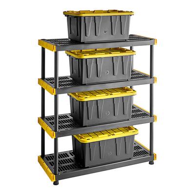 Tough Shelf 48" x 20" x 55 1/4" Black / Yellow Plastic Grid Top 4-Shelf System with 4 Tough Box 17 Gallon Black Storage Totes with Yellow Lids