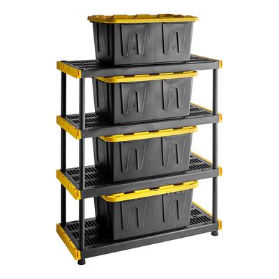 Tough Shelf 48" x 20" x 55 1/4" Black / Yellow Plastic Grid Top 4-Shelf System with 4 Tough Box 27 Gallon Black Storage Totes with Yellow Lids