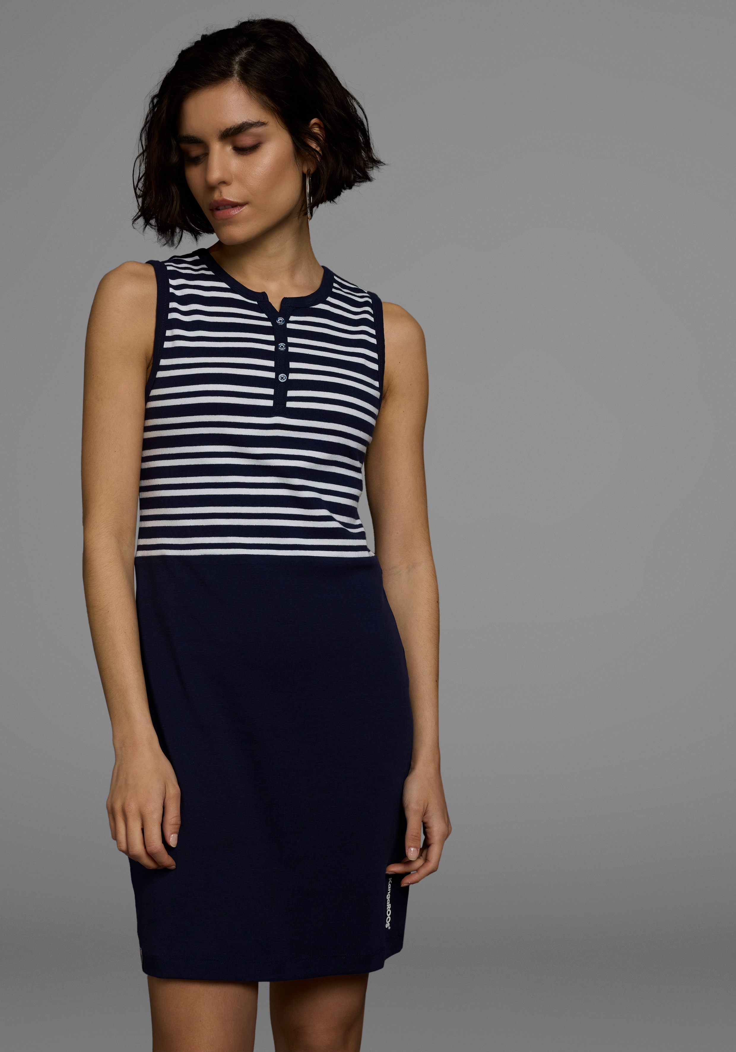 Sommerkleid KANGAROOS, Damen, Gr. 34, N-Gr, blau (marine, weiß), Rippware, Obermaterial: 100% Baumwolle, gestreift, unifarben, sehr figurbetont mini, Rundhals, Kleider, aus Rippware, Mini-Länge Image