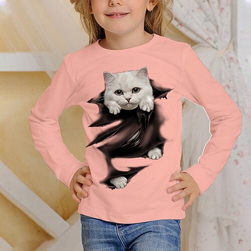 Mädchen 3D Grafik Tiermotiv Katze T-Shirt Langarm Frühling Herbst Mode Basic Kinder 4-12 Jahre Rundhalsausschnitt Outdoor Lässig Täglich Normale Passform Image