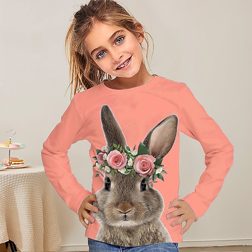 Ostern Mädchen 3D Grafik Tiermotiv Kaninchen T-Shirt Langarm Frühling Herbst Mode Basic Kinder 4-12 Jahre Rundhalsausschnitt Outdoor Lässig Täglich Normale Passform Image