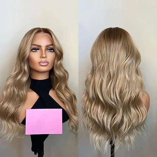 Echthaar 13x4 Spitzenfront Perücke Freier Teil Brasilianisches Haar Wellen Blond Mehrfarbig Perücke 130% 150% Haardichte Strähnchen / Balayage-Technik Leimlos Für Damen Lang Echthaar Perücken mit Image