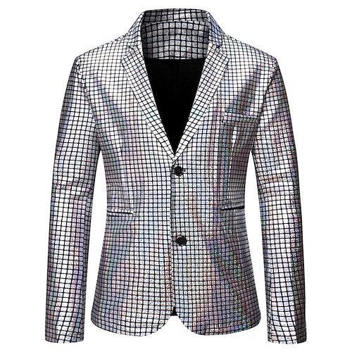Per uomo Giacca Blazer Abbigliamento da sera Bar Bomboniera Vintage magro Poliestere Strisce e Quadri Glitter Antivento Monopetto Giacca Argento Oro Arcobaleno