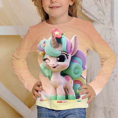 Mädchen 3D Grafik Einhorn T-Shirt Langarm Frühling Herbst Mode Basic Kinder 4-12 Jahre Rundhalsausschnitt Outdoor Lässig Täglich Normale Passform Image