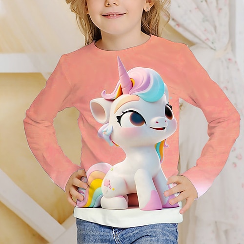 Mädchen 3D Grafik Einhorn T-Shirt Langarm Frühling Herbst Mode Basic Kinder 4-12 Jahre Rundhalsausschnitt Outdoor Lässig Täglich Normale Passform Image