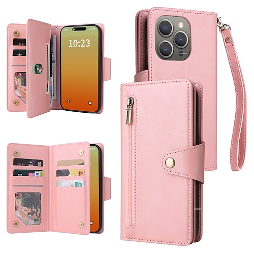 Handy Hülle Handyhüllen Für iPhone 17 Pro Max 17 Air 16 15 14 Pro Max Plus 13 12 11 Pro Max Mini Brieftaschenhülle Reisverschluss Mit Handgelenkschlaufe Ständer Retro TPU PU-Leder Image