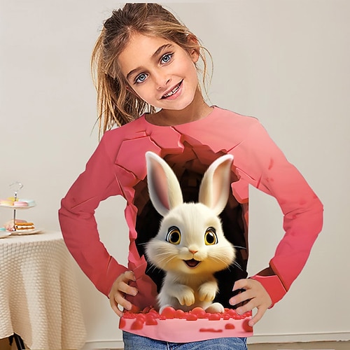 Ostern Mädchen 3D Grafik Tiermotiv Kaninchen T-Shirt Langarm Frühling Herbst Mode Basic Kinder 4-12 Jahre Rundhalsausschnitt Outdoor Lässig Täglich Normale Passform Image