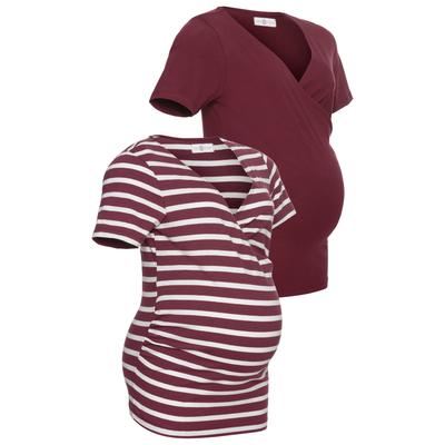 Umstandsshirt NEUN MONATE "2er Pack T-Shirts für Schwangerschaft und Stillzeit", Damen, Gr. 40/42, rot (bordeaux, bordeaux, gestreift), Jersey, Obermaterial: 95% Baumwolle, 5% Elasthan, unifarben, geringelt, modisch, Basic, V-Ausschnitt, Kurzarm,...