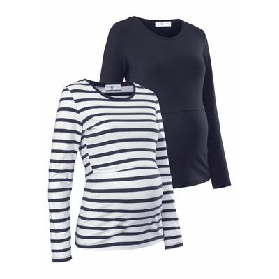Umstandsshirt NEUN MONATE "2er Pack Shirts für Schwangerschaft und Stillzeit", Damen, Gr. 36/38, blau (blau, weiß, geringelt), Jersey, Obermaterial: 95% Baumwolle, 5% Elasthan, unifarben, geringelt, Basic, figurbetont hüftlang, Rundhals, Langarm... Image