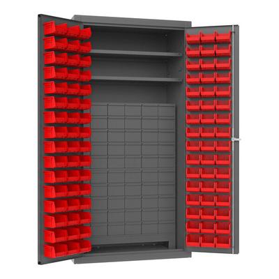 Durham Mfg 36" x 24" x 72" 14 Gauge Steel 2-Shelf Storage Cabinet with 96 Red Bins and 60 Drawers 3501-DLP-60DR11-96-2S1795