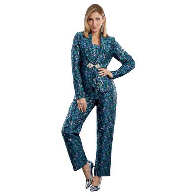 Masseys Jacquard Pant Suit (Size 24W) Green/Blue, Metallic Material