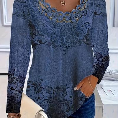 TEMU Contrast Lace V Neck T-shirt, Casual Long Sleeve T-shirt For Spring & Fall, Women's Clothing