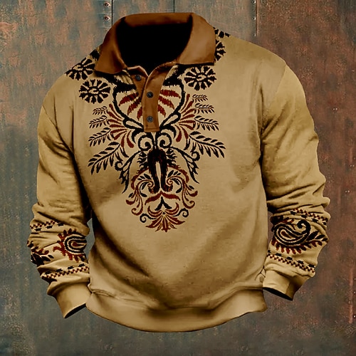 Homme Folk Imprimé du Sud-Ouest Polo Pull manche longue Polos Col ancien Occasionnel Extérieur Vacances Vêtements de rue Impression 3D Boutons Automne Hiver Marron