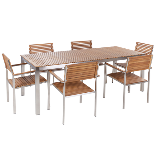 Gartenmöbel Set 7-Teilig Hellbraun Zertifiziertes Teakholz und Edelstahl Rechteckiger Tisch 200 x 90 cm 6 Stühle Modern Terrasse Outdoor