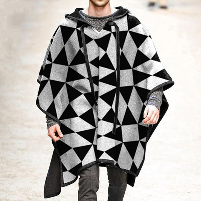 Men's Winter Coat Cloak / Capes Poncho Party Business Fall Winter Nylon Windproof Warm Outerwear Clothing Apparel Stylish Casual Daily Print Pure Color Irregular Hem Hoodie Pullover