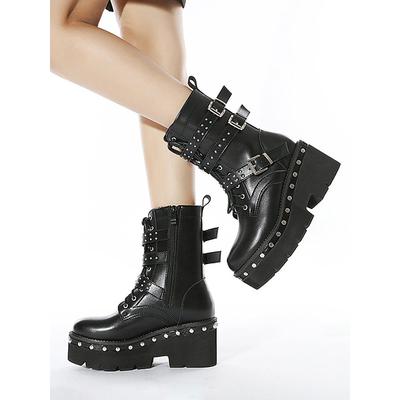 Women's Black Platform Combat Boots with Studded Buckle Straps, Punk Gothic Motorcycle Boots for Cosplay and Streetwear