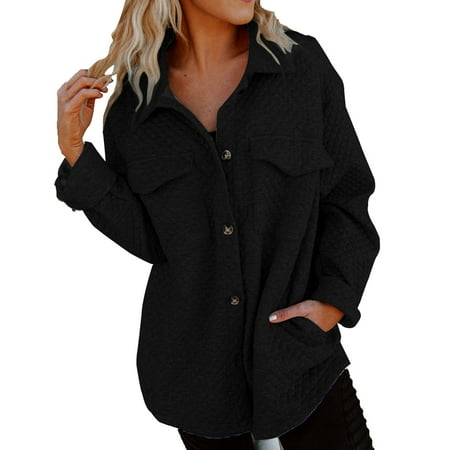 BSDJILFG Varsity Jacket Women Casual Waffle Knit Shirts Button Down Blouse Long Sleeve Lapel Tops Baseball Outerwear Jackets Button Jackets Fall