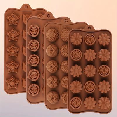 TEMU 4pcs Silicone Chocolate & Candy Molds - Bpa-free, , Food Grade - Includes Flower, Heart, Tulip, Rose Shapes For Diy Baking And Crafts